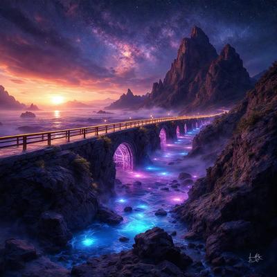 Primary subject: A bridge with purple and blue lights on it.
Setting/background: A mountain range in the background.
Visual style: Digital art.
Colors and mood: The bridge has purple and blue lights, creating a vibrant and colorful atmosphere.